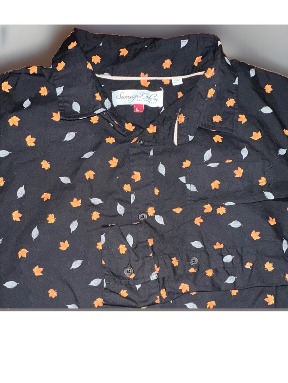 Sovereign Code Black Button-Down Shirt with Orange and Light Gray Leaf Print
